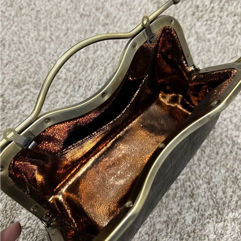 Vintage Pattern Genuine Calfskin Handmade Double Kisslock Purse/Multi Use Style